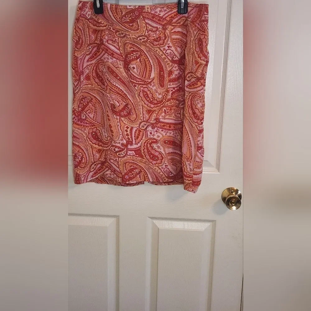 Worthington 12 Paisley Print 100% SILK Orange Pink Lined Zipper Women Mini Skirt